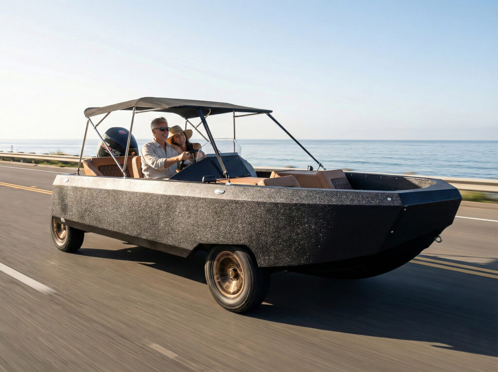 Couple enjoying amphibious boat ride on seaside road