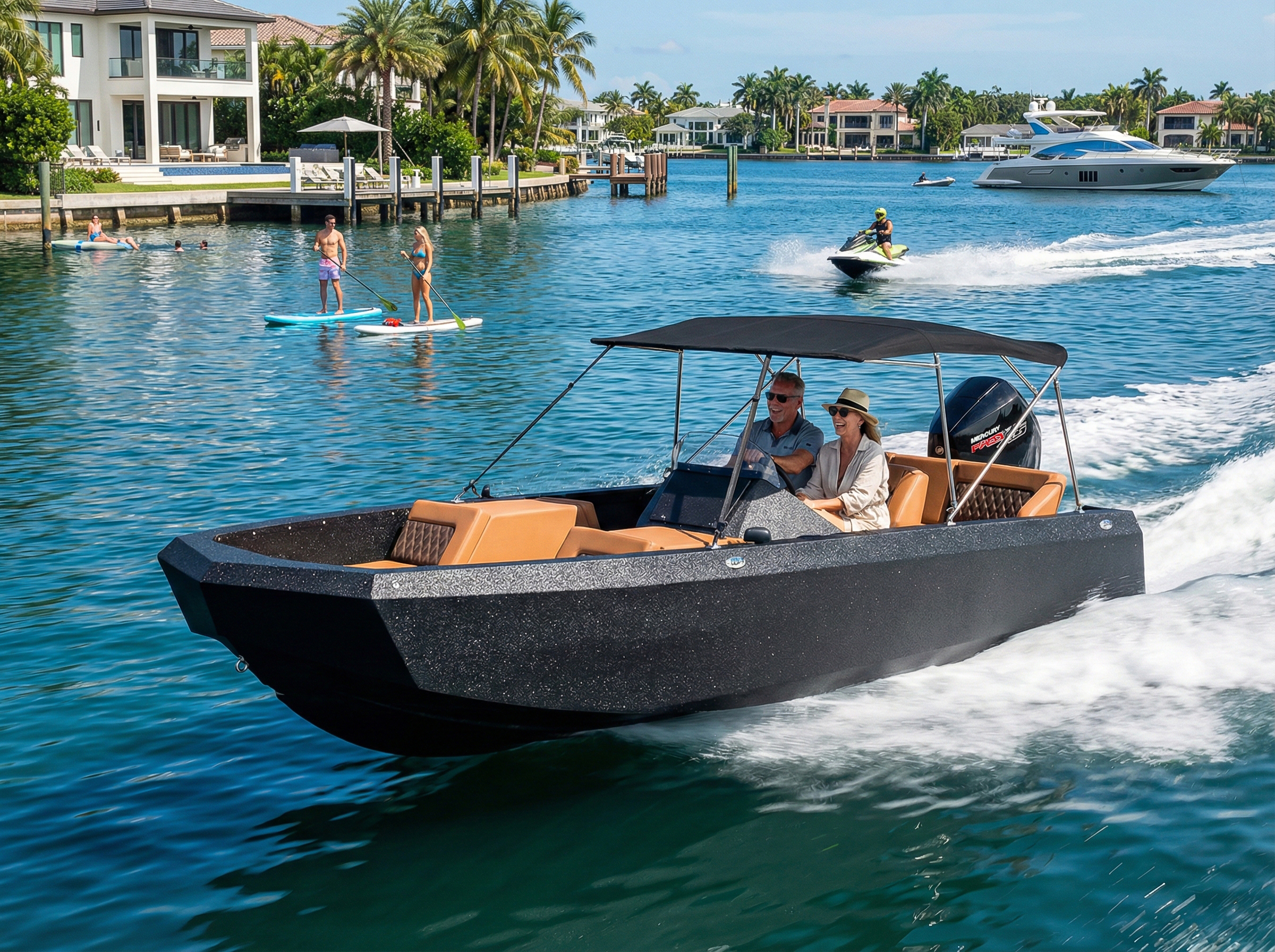 Black Amphibious Car on the water in high speed