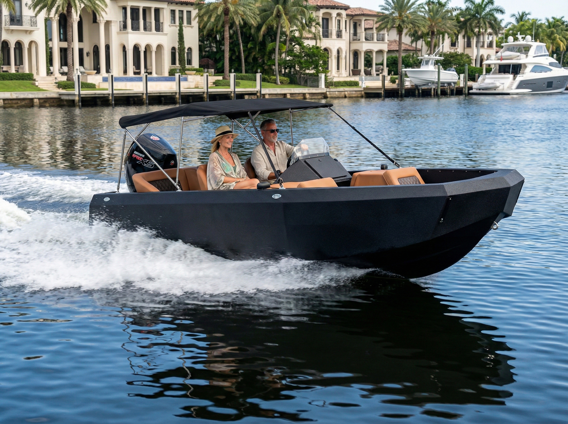 Black Amphibious Car on the water