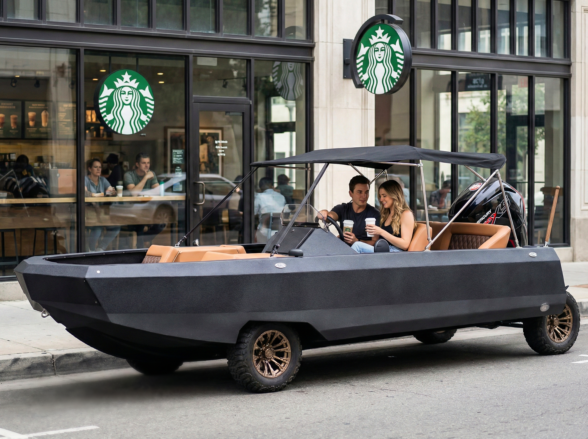 Black Amphibious Vehicle in the City Roads